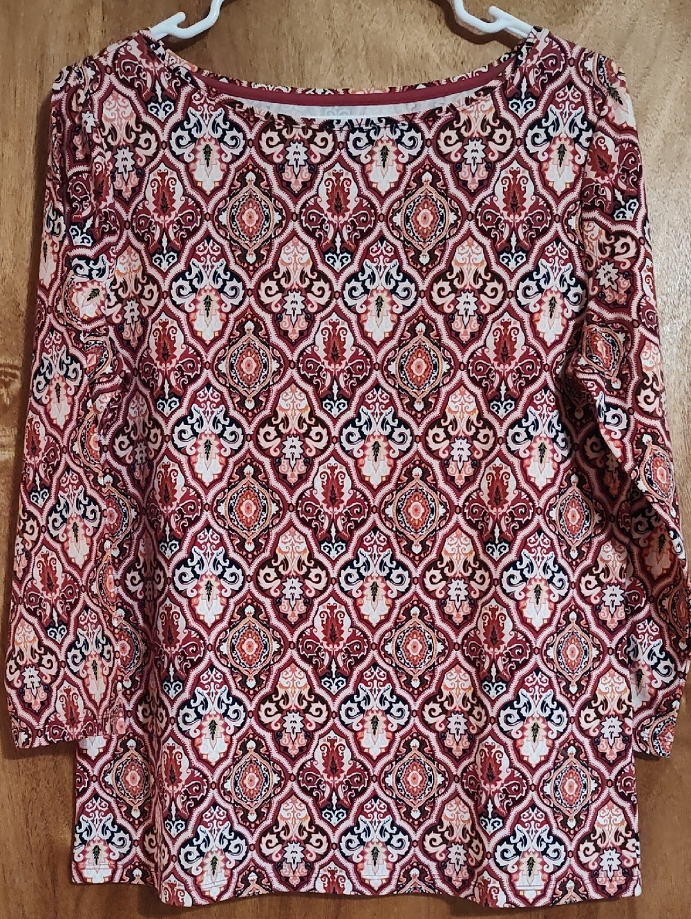 *Like New* The Talbots Tee Damask Bateau Neck Top Pink Orange Navy ¾-Sleeve Med